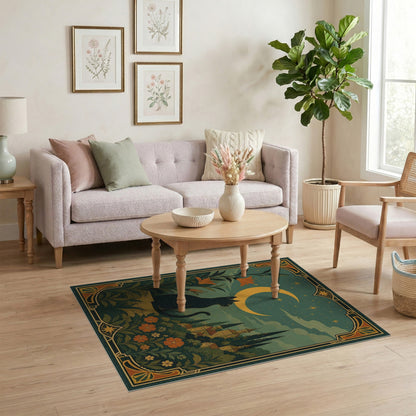 Moonlit Black Cat Floral Vintage Rug