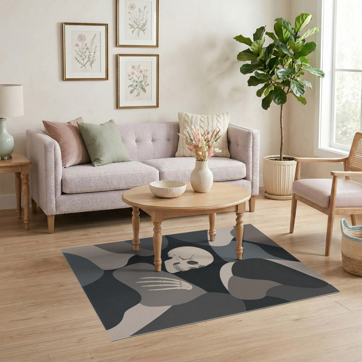 Grey Abstract Skull Skeleton Area Rug