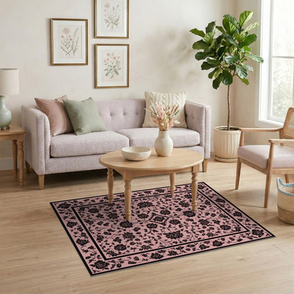 Pink Black Floral Vintage Area Rug
