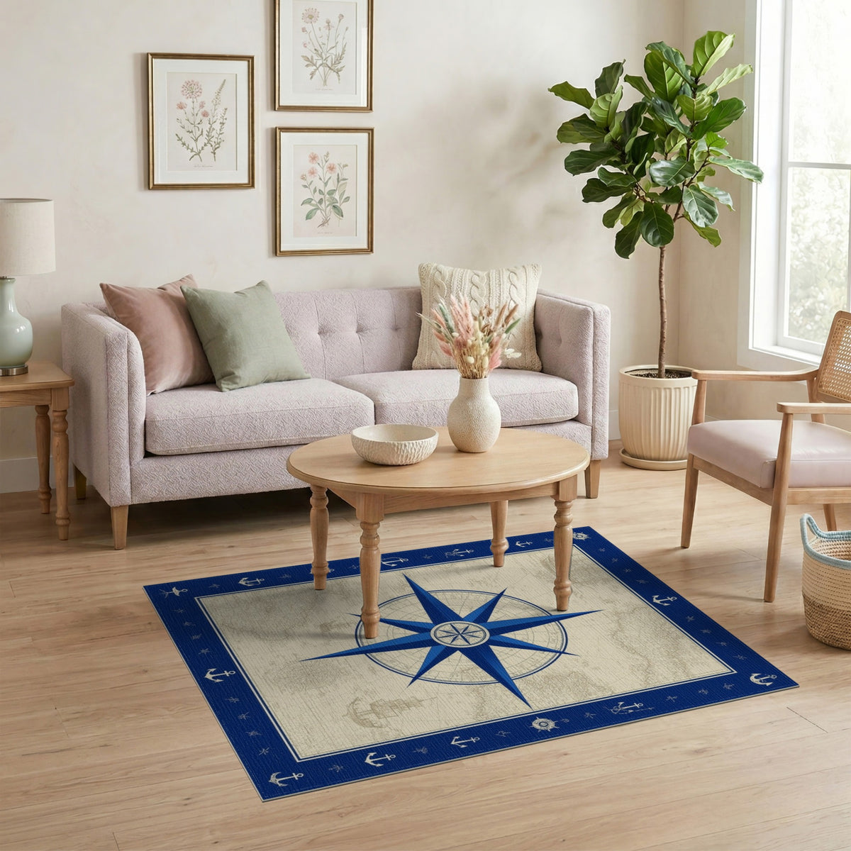 Blue Nautical Compass Vintage Area Rug