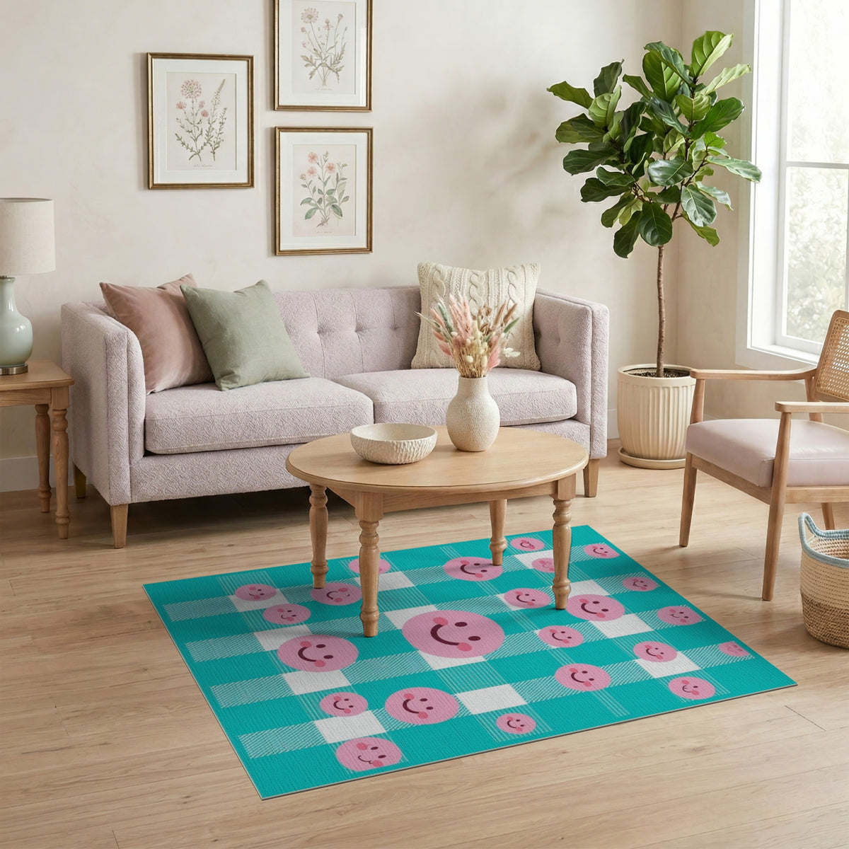Pink Smiley Face Kids Area Rug