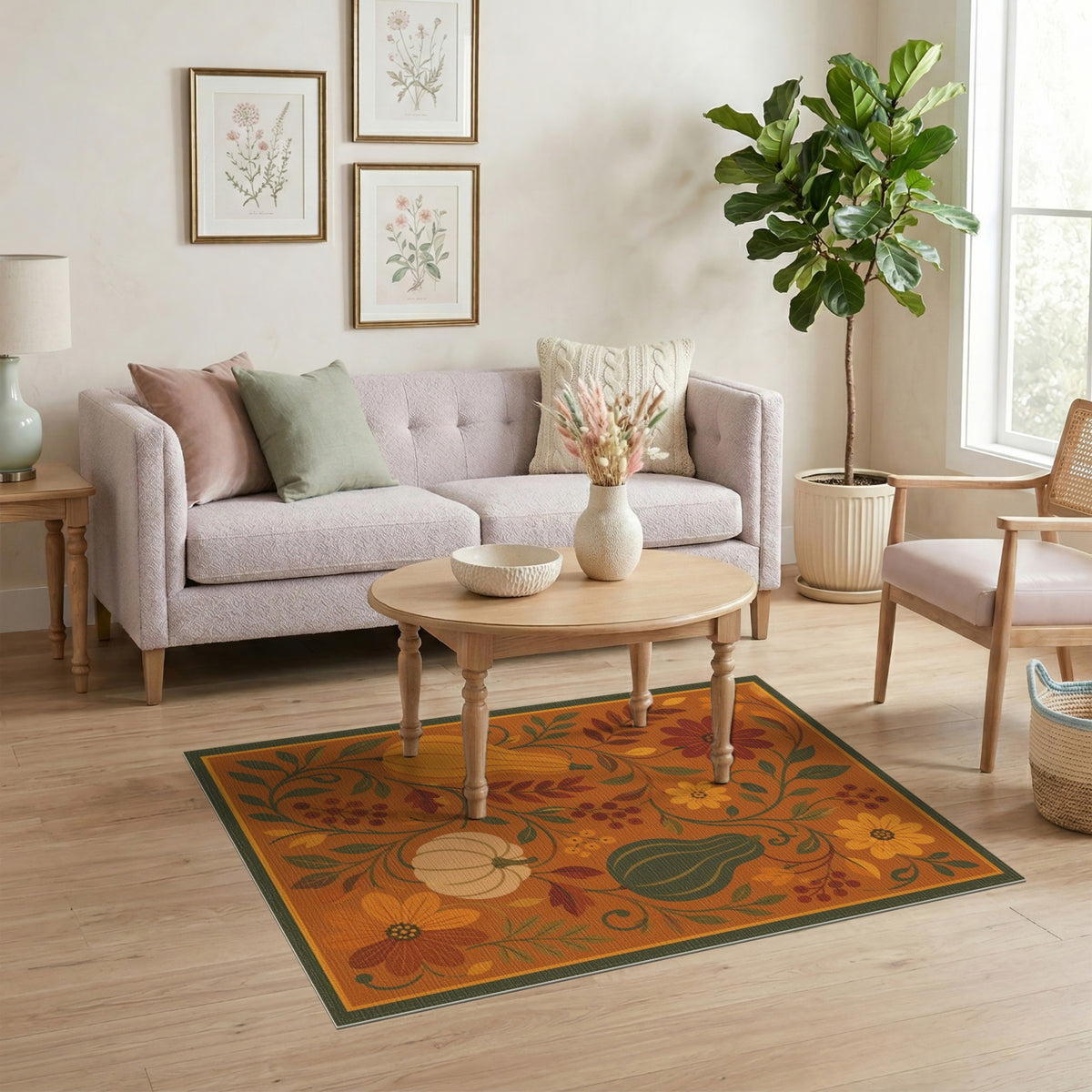 Orange Autumn Pumpkin Floral Area Rug