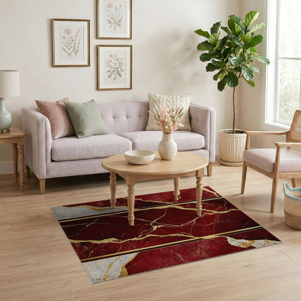 Red Gold Marble Vein Area Rug