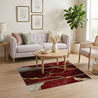 Red Gold Marble Vein Area Rug
