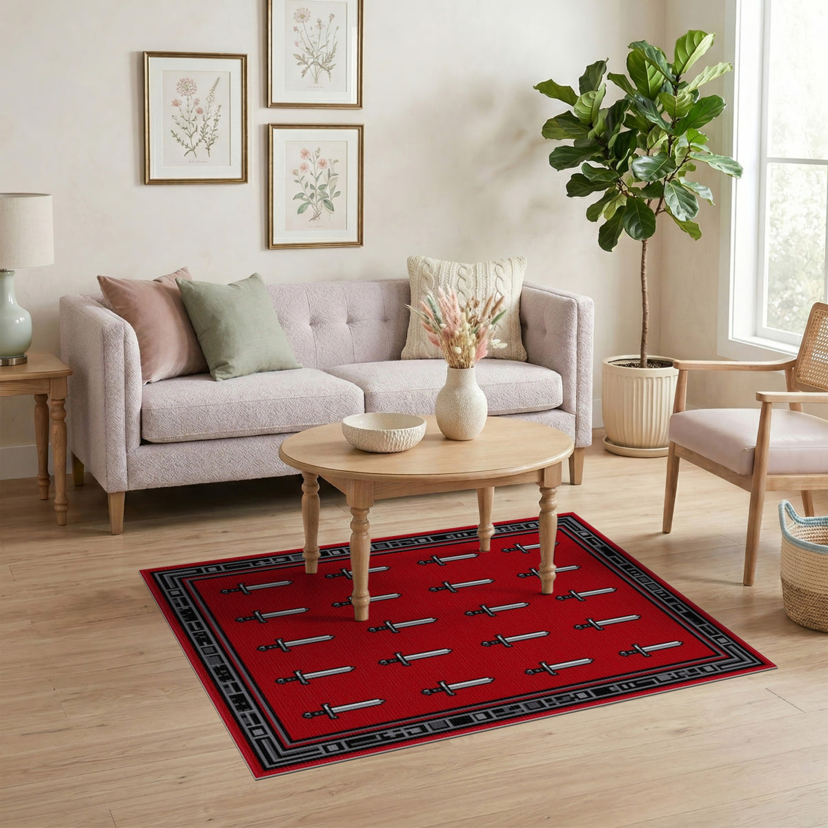 Red Sword Grid Area Rug