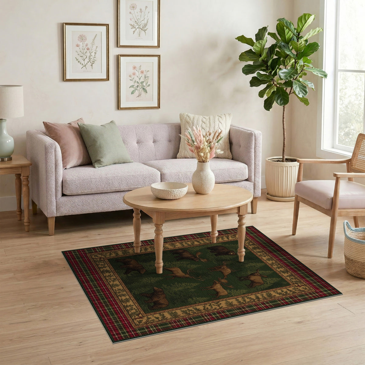 Rustic Bear Moose Forest Plaid Area Rug