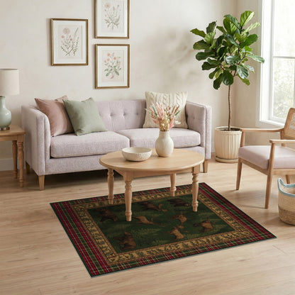 Rustic Bear Moose Forest Plaid Area Rug
