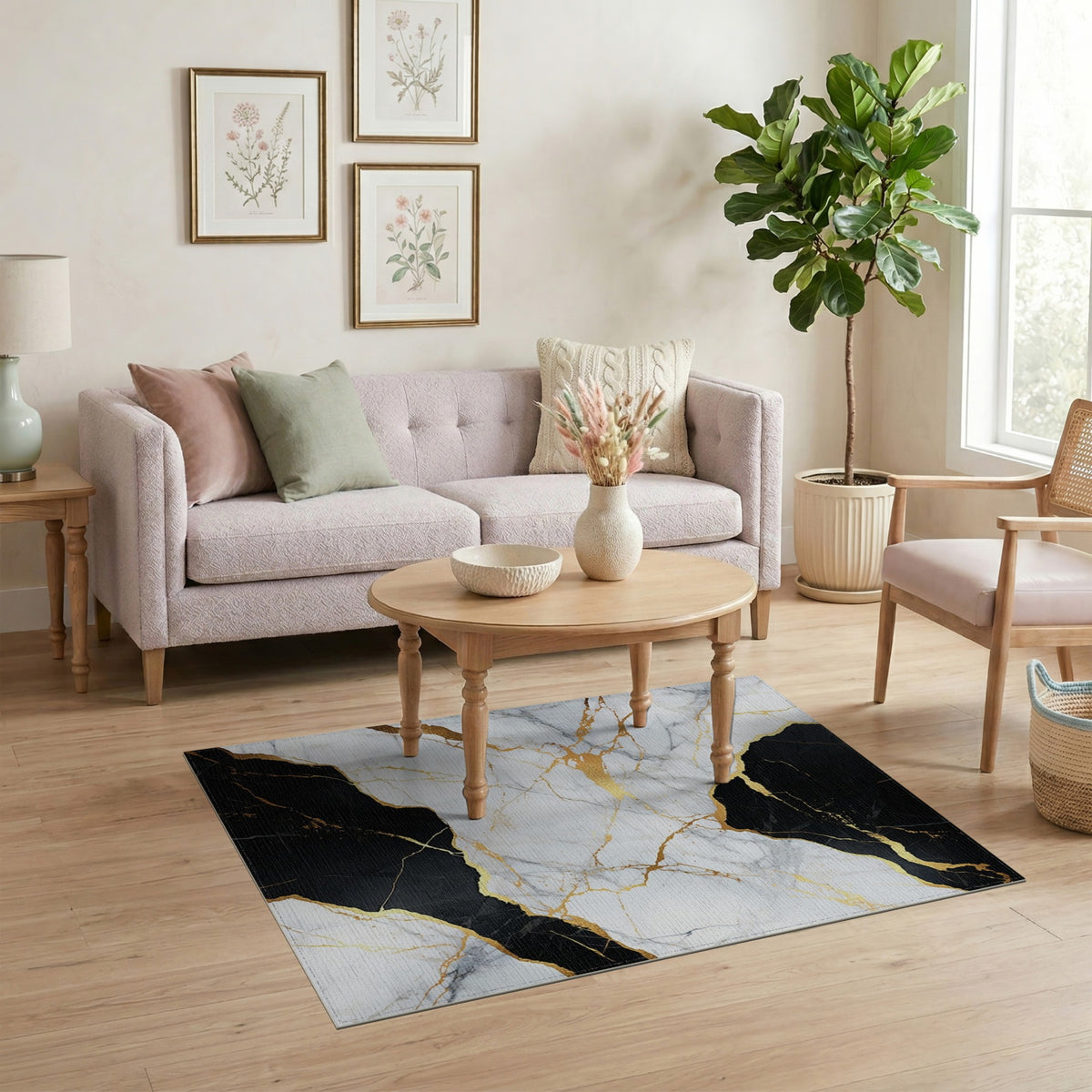 Abstract Area Black White Marble Gold Area Rug