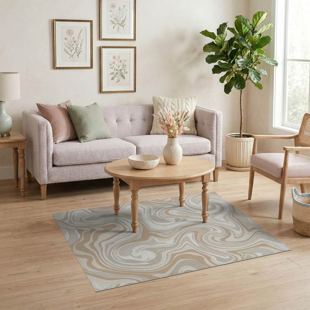 Beige Neutral Swirl Abstract Area Rug