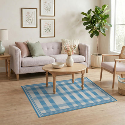 Coastal Beach Blue Gingham Checkered Washable Area Rug