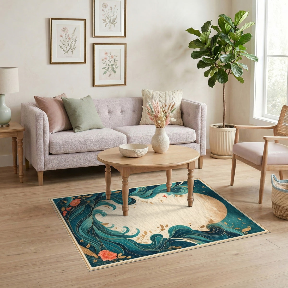 Teal Wave Coastal Floral Area Rug