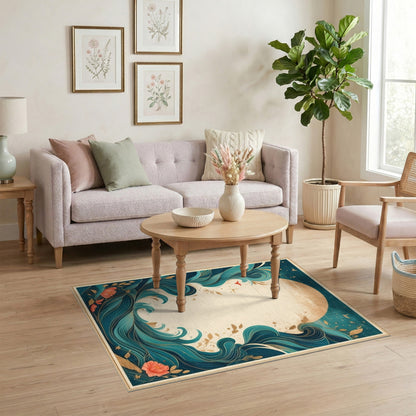 Teal Wave Coastal Floral Area Rug