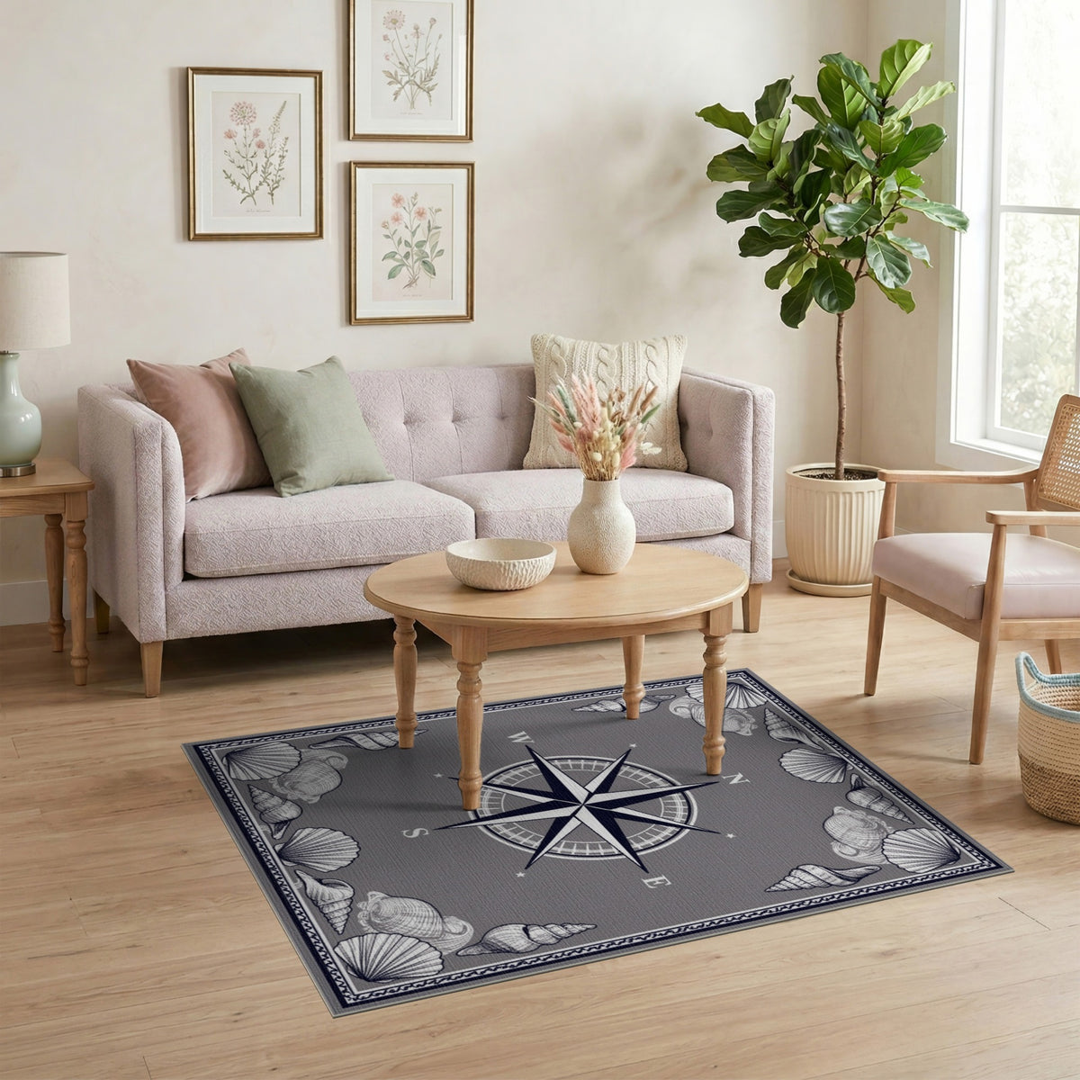 Grey Nautical Compass Shell Area Rug