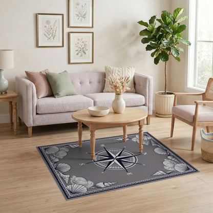 Grey Nautical Compass Shell Area Rug