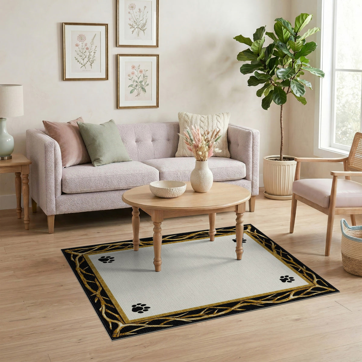 Black Paw Print Gold Branch Area Rug