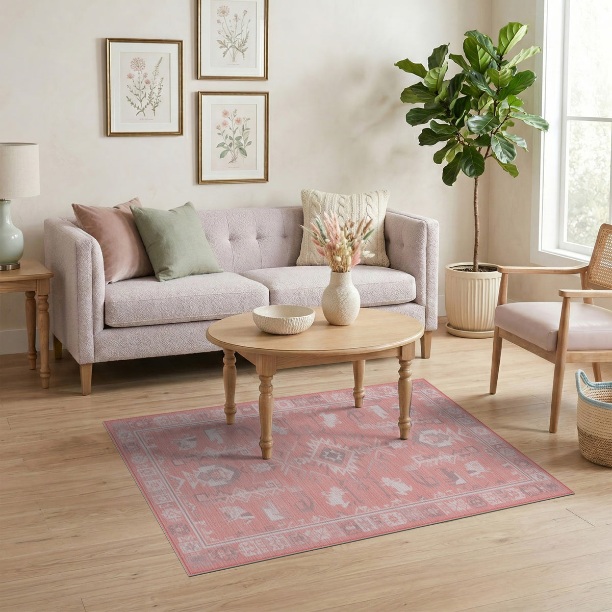Pink Southwestern Area Rug with Tribal Animals