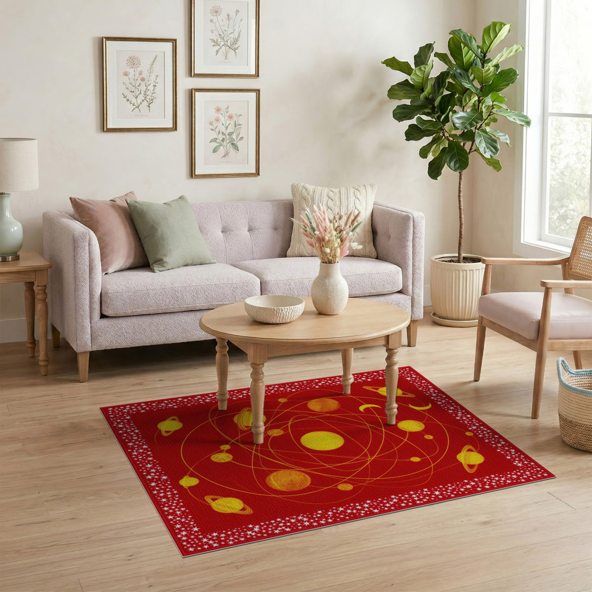 Red Solar System Area Rug with Yellow Planets
