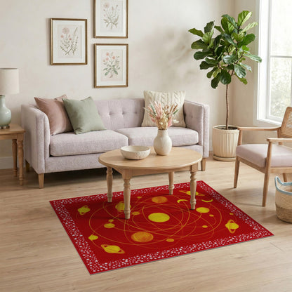 Red Solar System Area Rug with Yellow Planets
