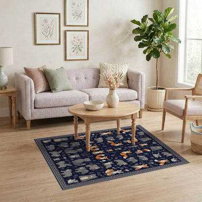 Navy Blue Woodland Animals Kids Area Rug