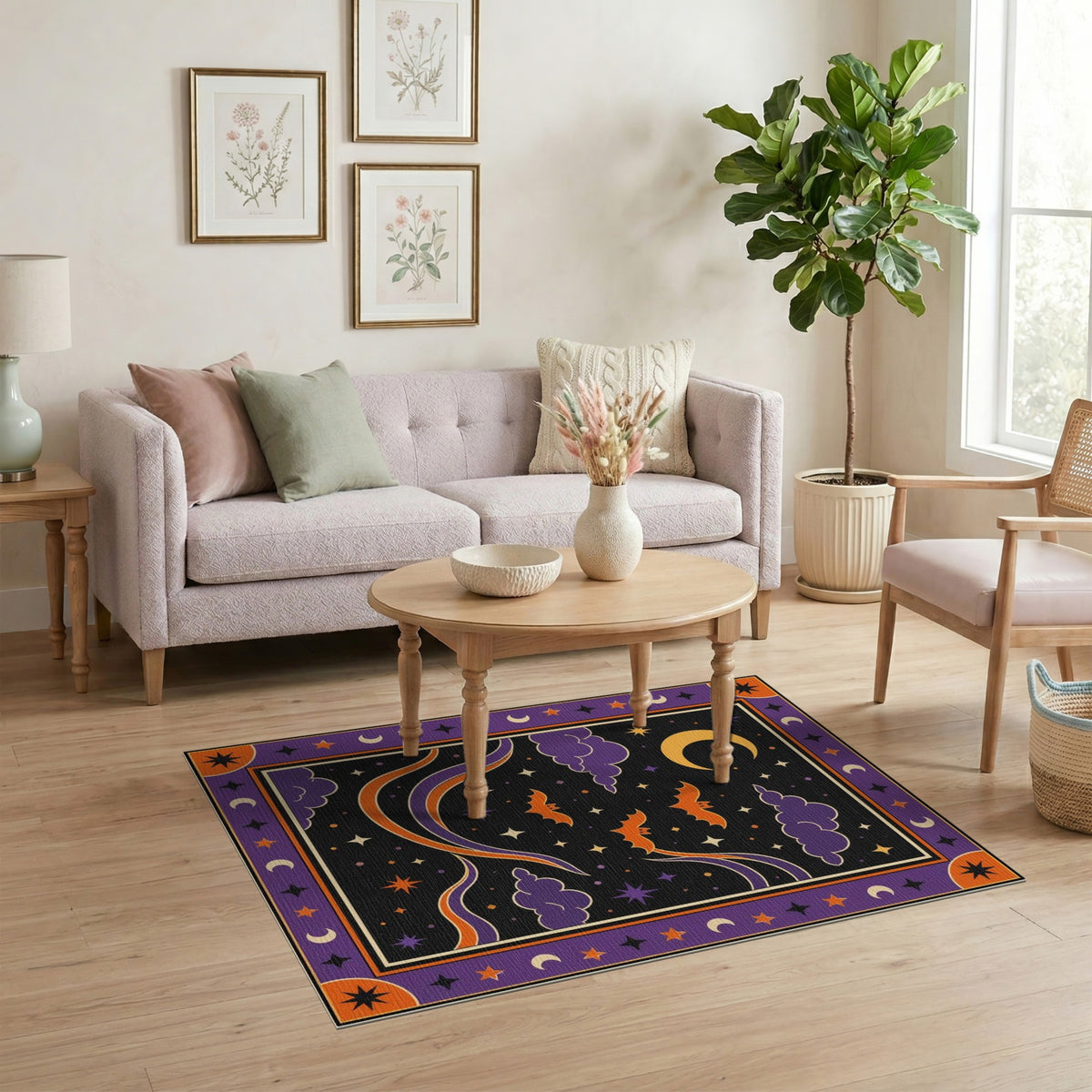 Purple Bats Crescent Moon Kids Area Rug