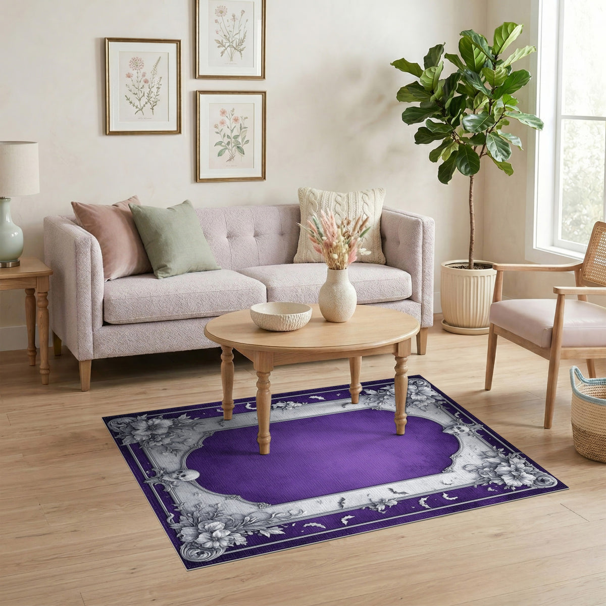 Purple Gothic Ornate Floral Skull Area Rug