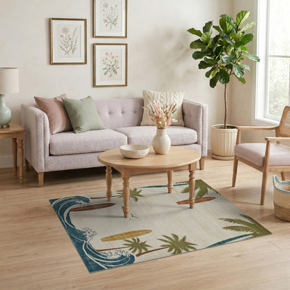 Coastal Beach Palm Tree Surfboard Beige Area Rug