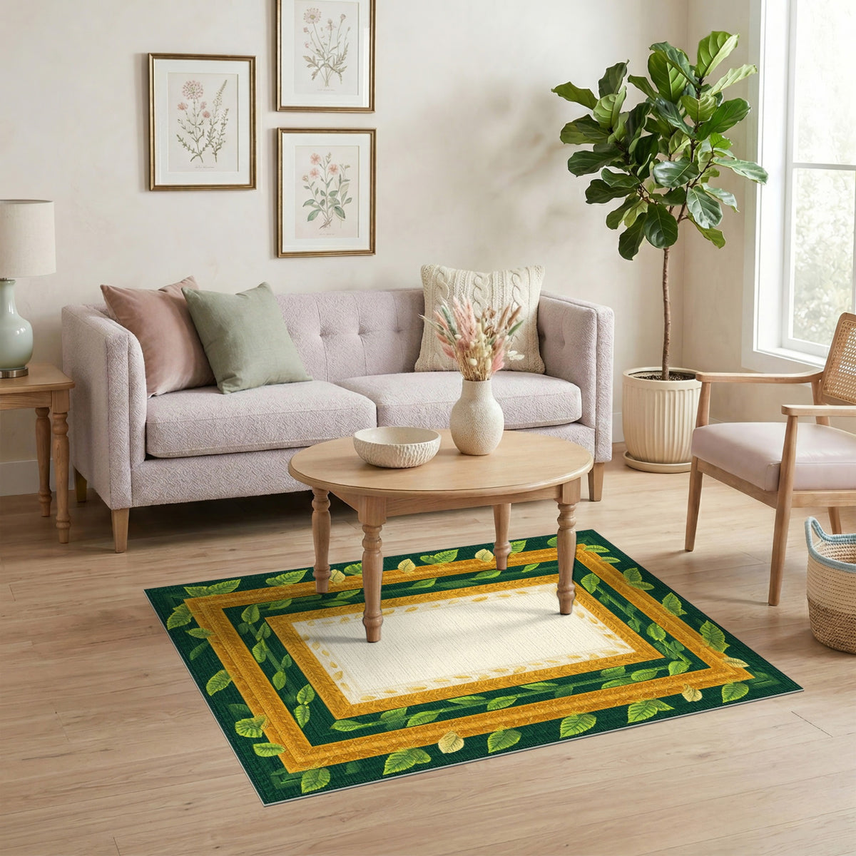 Green Gold Leaf Ornate Frame Area Rug