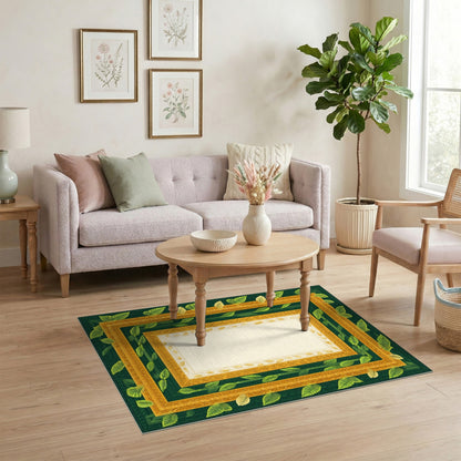 Green Gold Leaf Ornate Frame Area Rug
