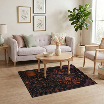 Mystical Celestial Cat Floral Area Rug