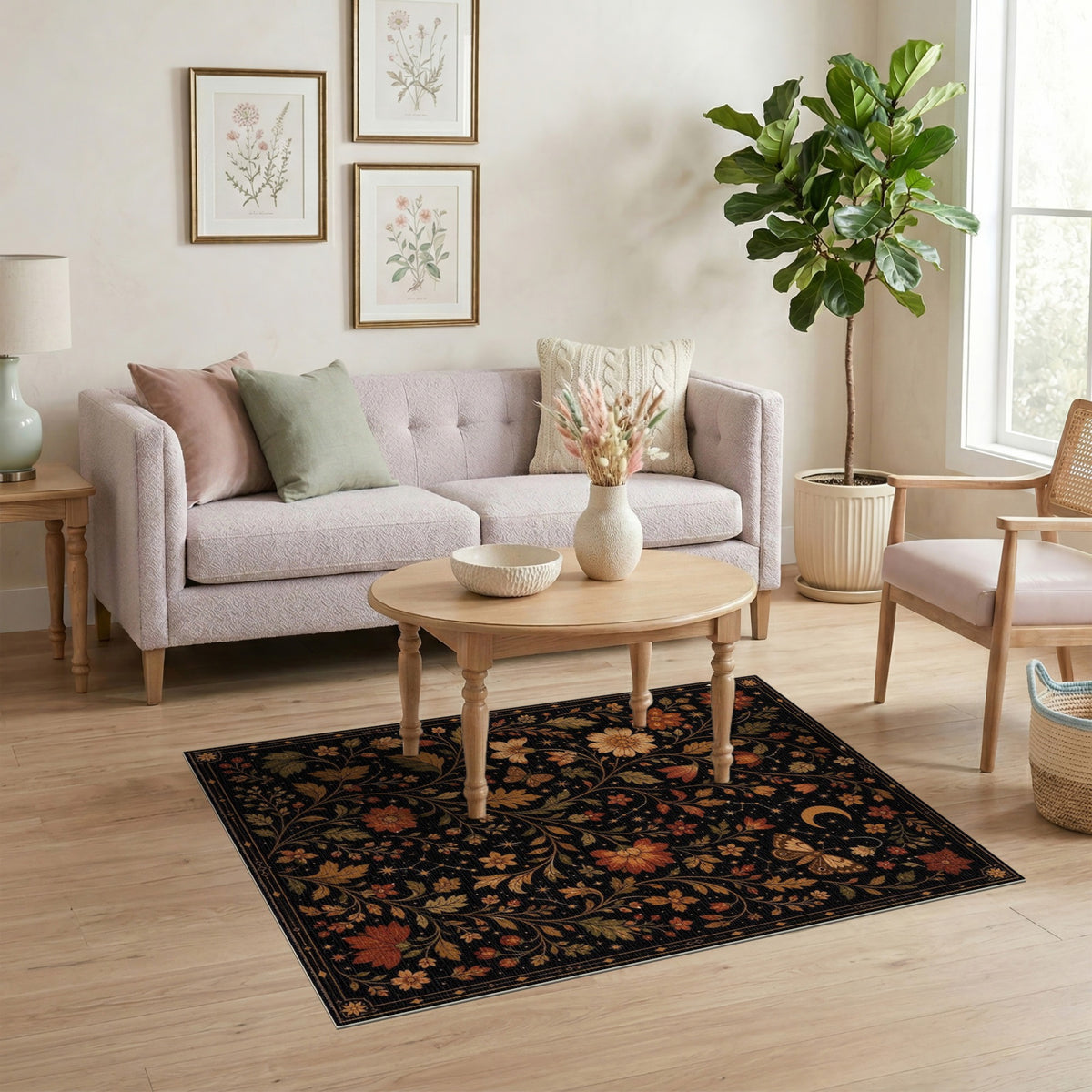 Celestial Floral Area Rug with Moon and Butterflies