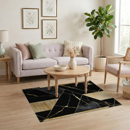 Black and White Black Gold Geometric Marble Area Rug