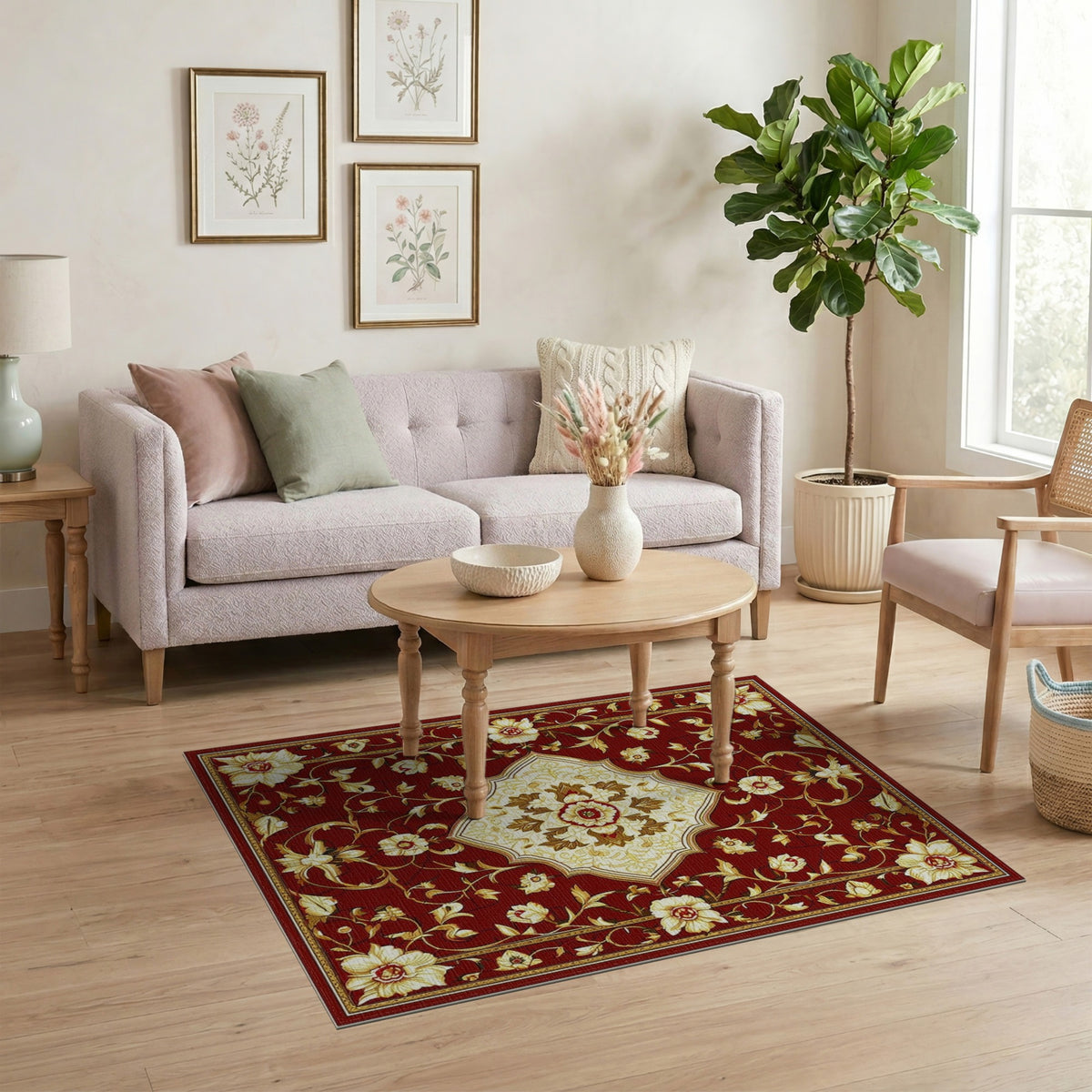 Red Floral Persian Area Rug with Ivory Medallion