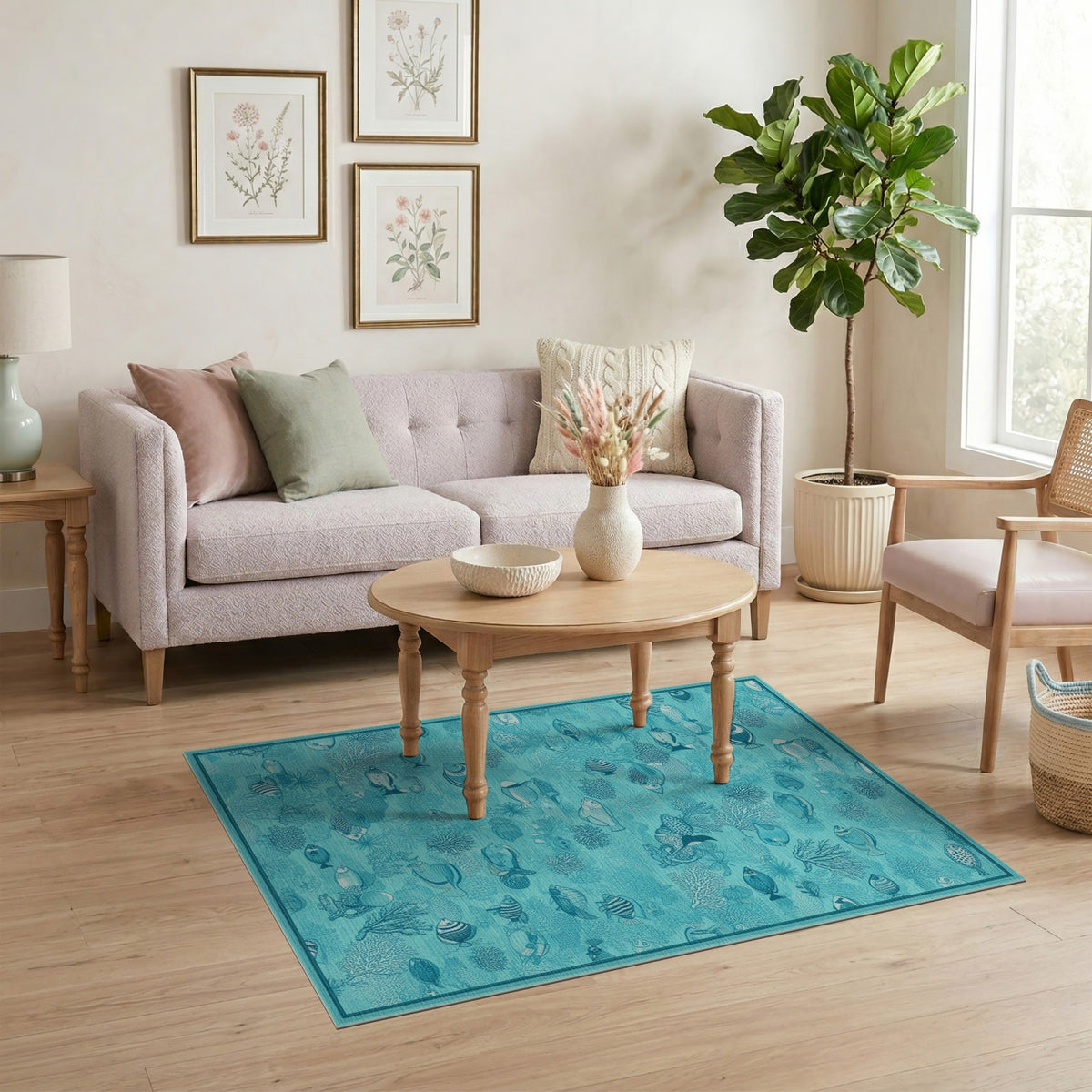 Teal Ocean Fish Coral Area Rug