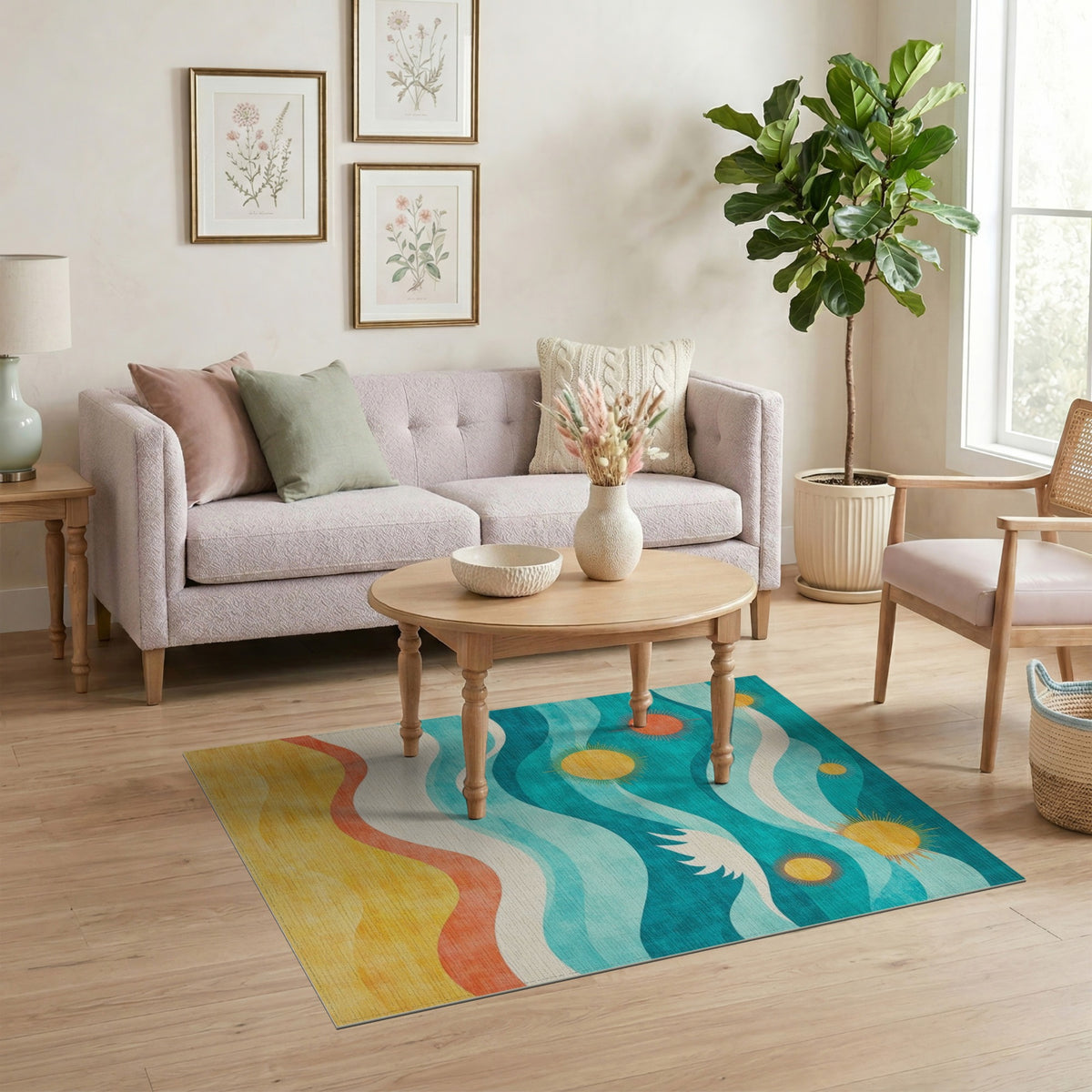 Coastal Waves and Suns Washable Area Rug