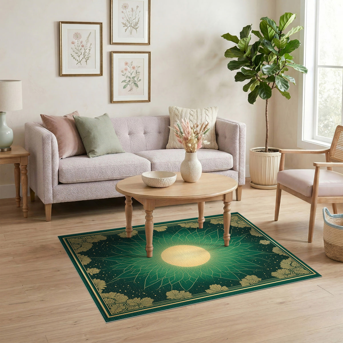 Green Gold Sunburst Leaf Floral Area Rug