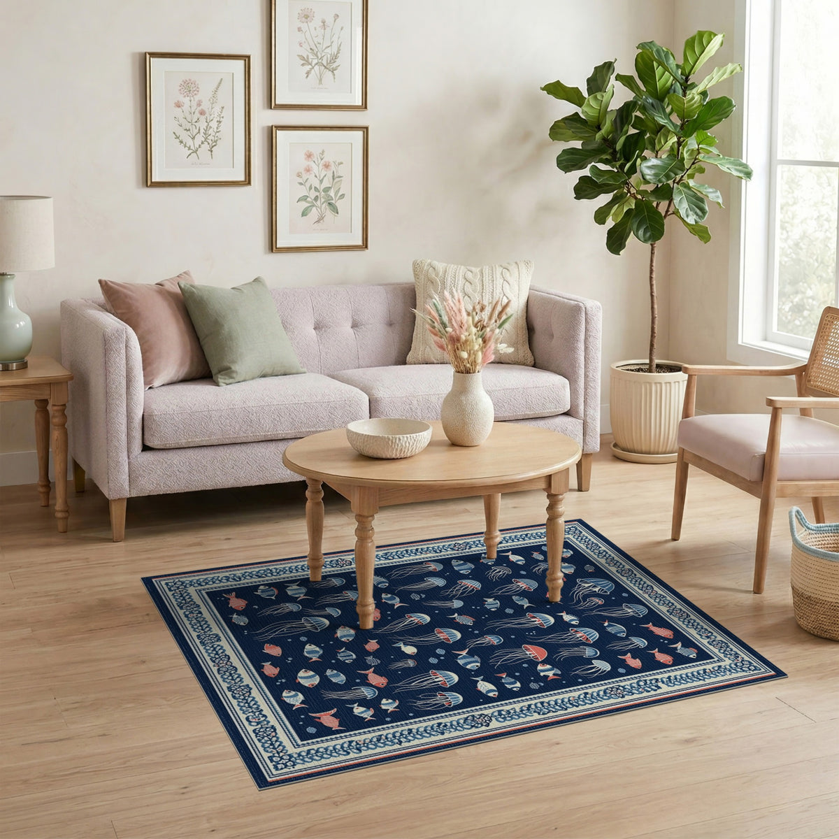 Navy Blue Jellyfish Coastal Area Rug