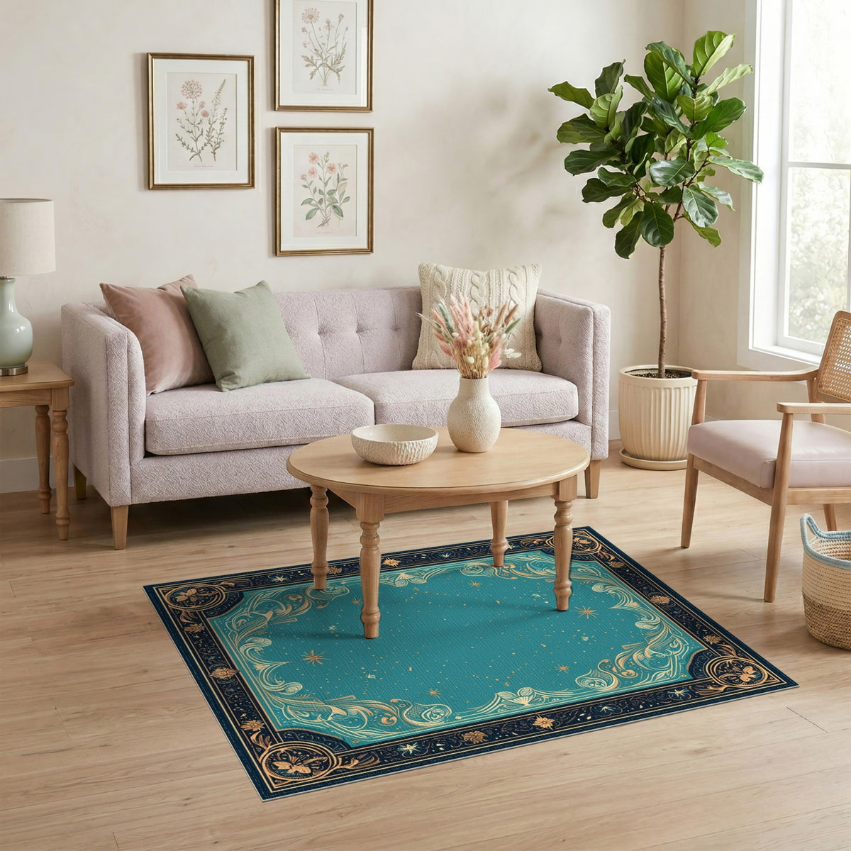 Teal Floral Vintage Area Rug with Gold Border