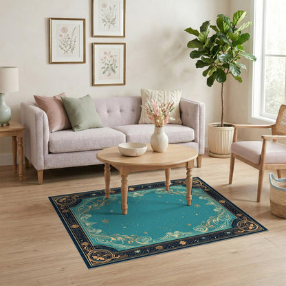 Teal Floral Vintage Area Rug with Gold Border