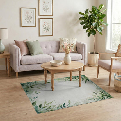 Green Botanical Leaves Distressed Area Rug