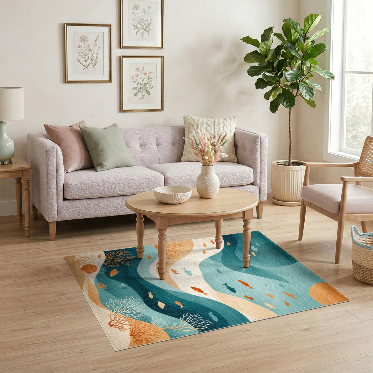 Blue Teal Ocean Fish Coastal Area Rug