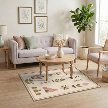 Blush Pink Geometric Plant Motif Area Rug