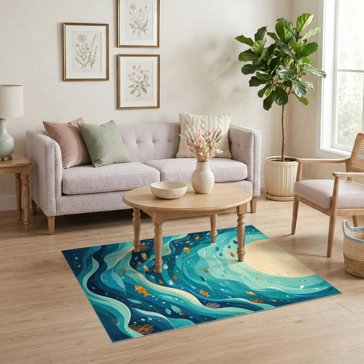 Ocean Wave Fish Blue Teal Area Rug