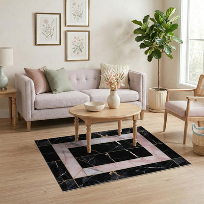 Pink Marble Geometric Frame Area Rug