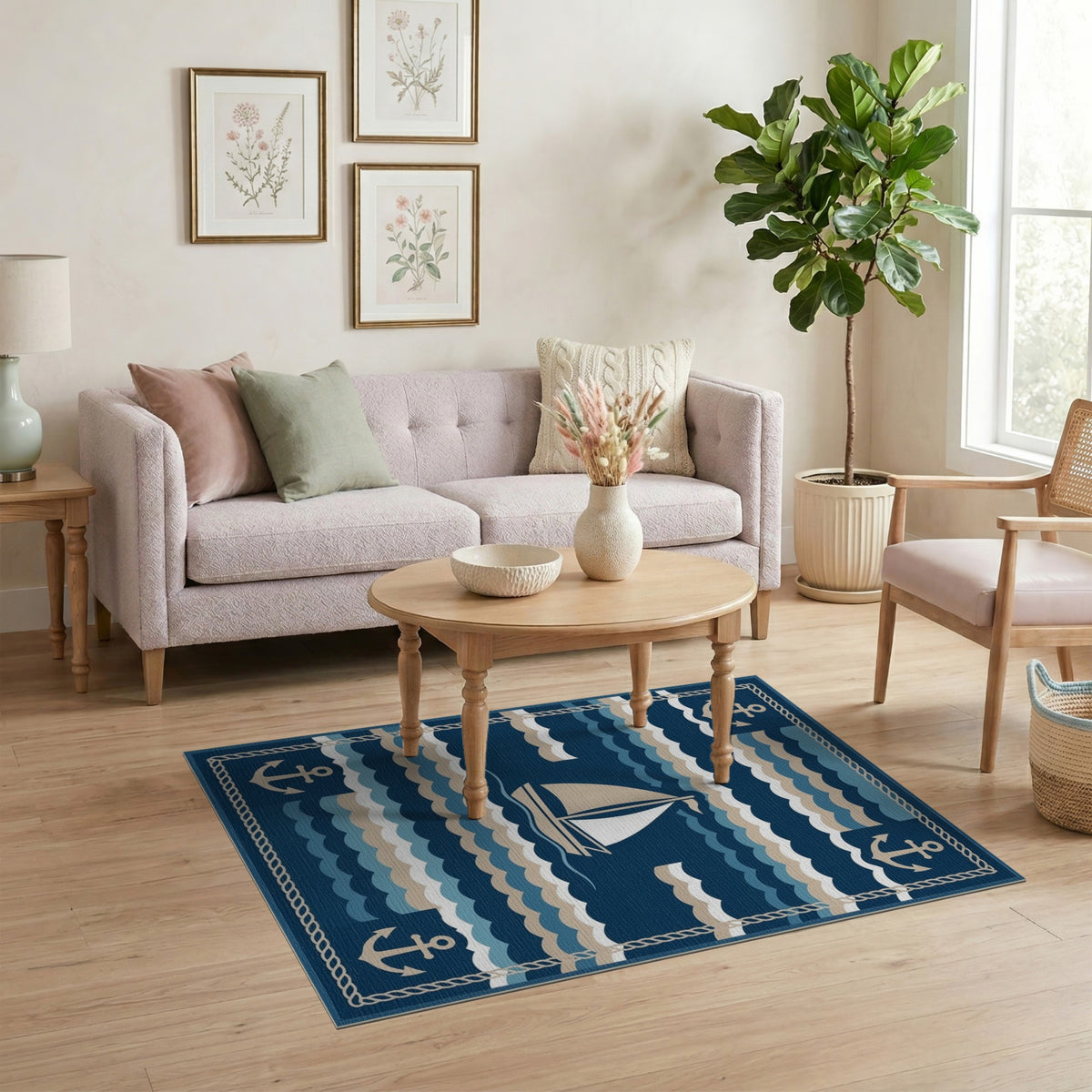 Navy Blue Sailboat Anchor Coastal Area Rug