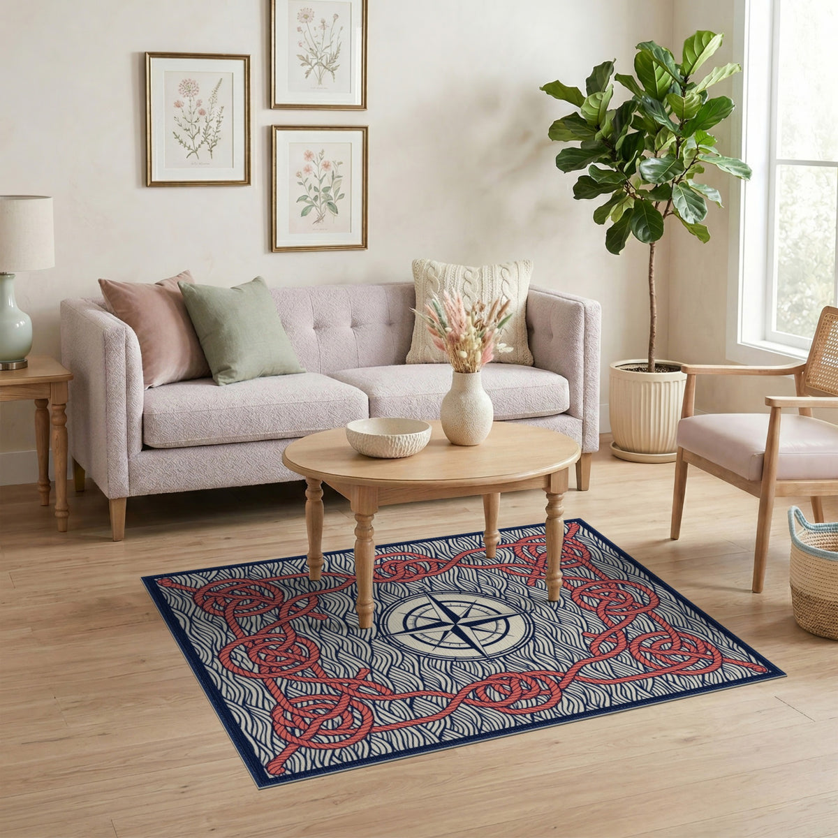 Red Rope Compass Nautical Area Rug
