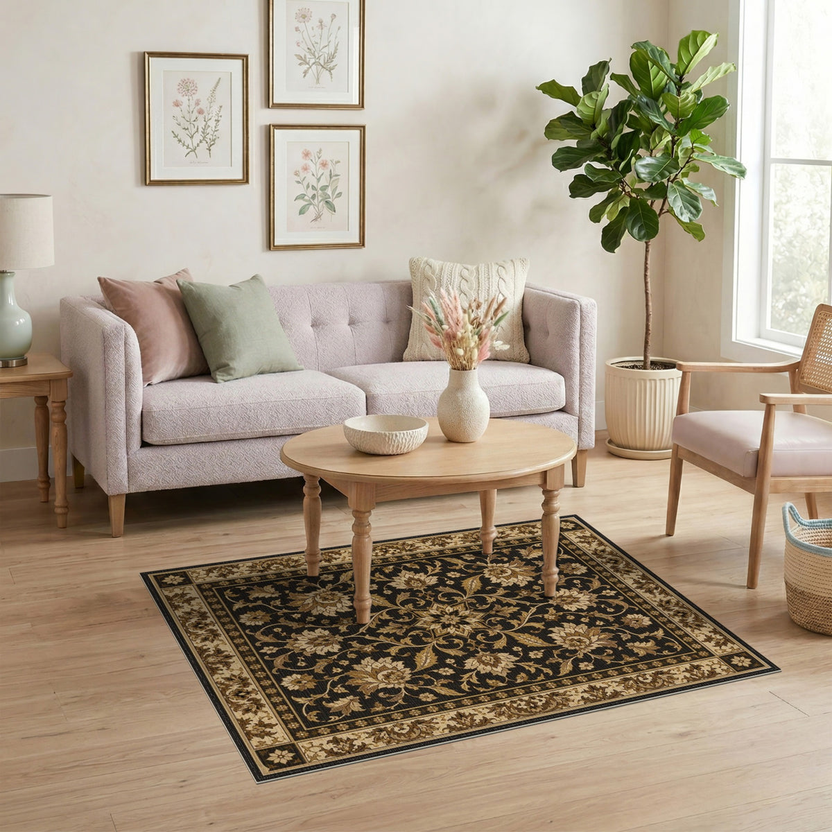 Beige and Neutral Black Floral Vintage Area Rug