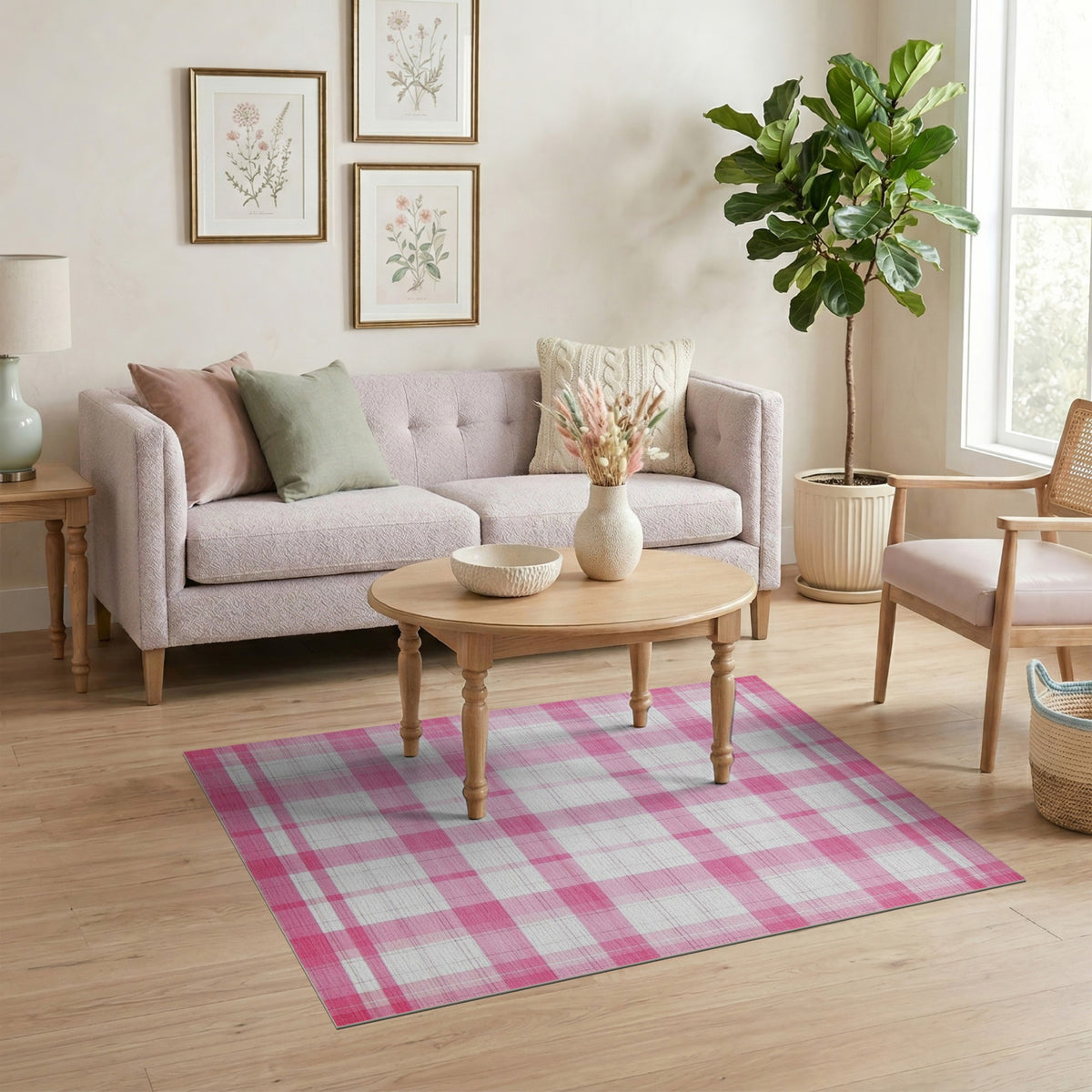 Pink Gingham Checkered Area Rug