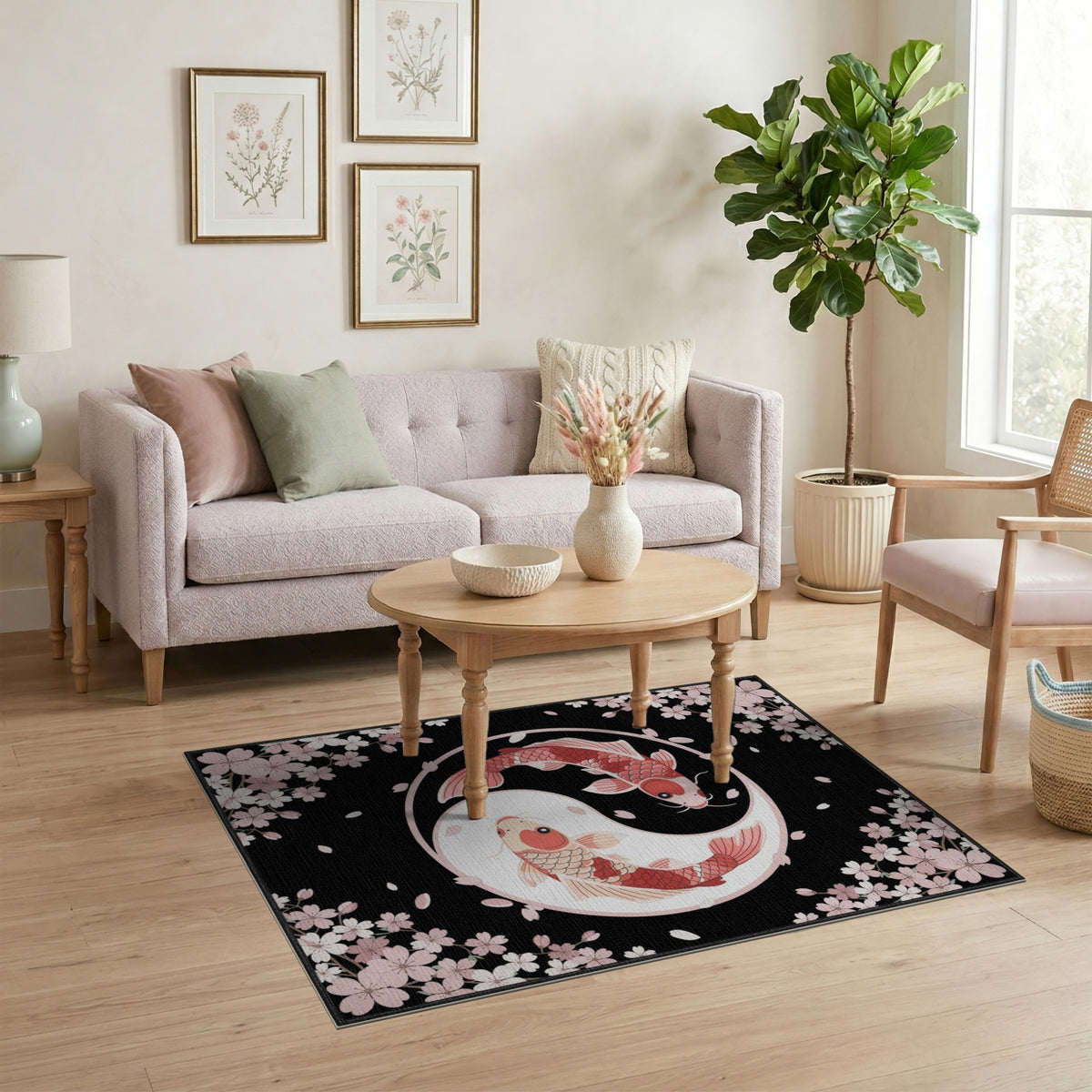 Pink Koi Yin-Yang Cherry Blossom Area Rug