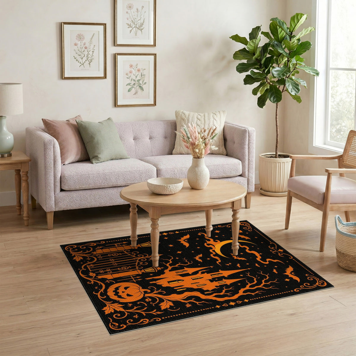Haunted Castle Halloween Orange Washable Area Rug