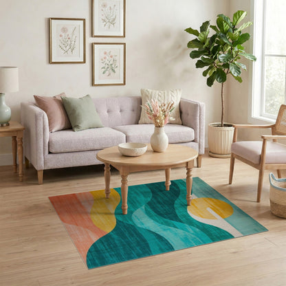 Blue Teal Abstract Wave Area Rug